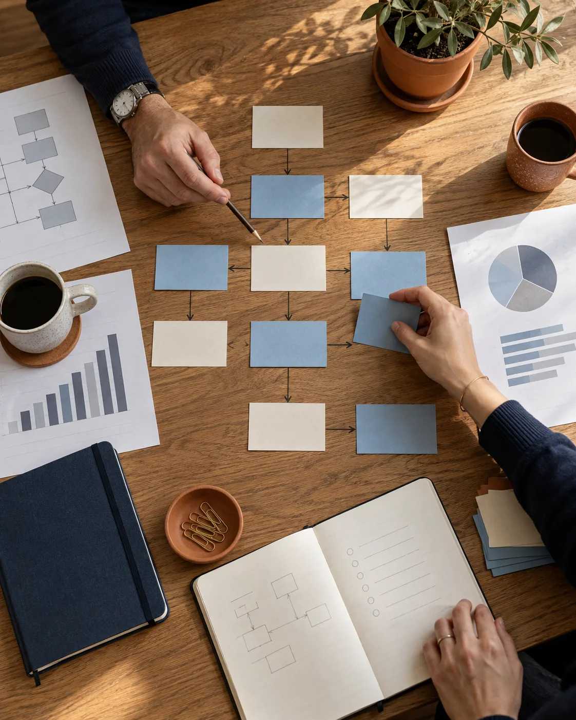 Análisis de procesos con tarjetas y diagramas sobre una mesa. Imagen ilustrativa generada con IA.